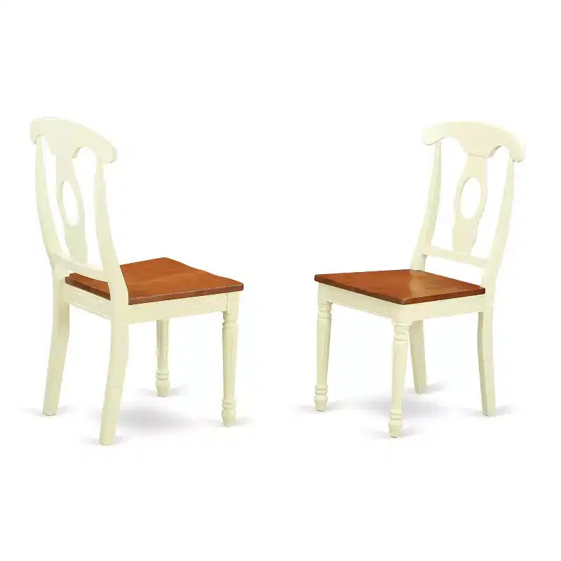 Table à manger 5 pièces en bois massif à plateau rond, finition cerisier et couleur crème, avec 4 chaises