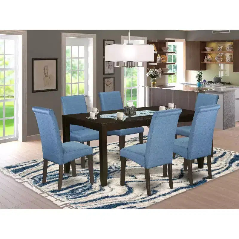 Table de salle à manger 7 pièces Kitchen Table avec chaises en tissu lin bleu pieds cappuccino