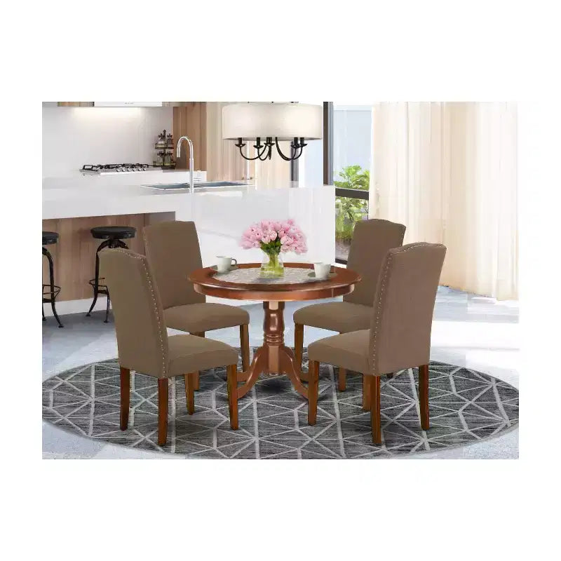 Round Dinette 5-Piece - 42 Inch Table & 4 Chairs - Linen Fabric - Dark Coffee Finish