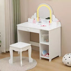 Kids Vanity Desk with Mirror, Princess Makeup Vanity Table with Stool, Drawer,Storage Shelves & Cubbies, Toddler Wood Dressing Table for Little Girls