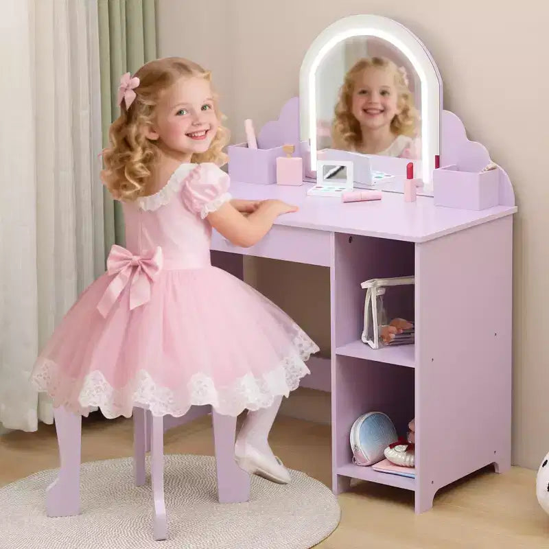 Coiffeuse pour enfants avec miroir, Table de maquillage de princesse avec tabouret, tiroir, étagères de rangement et compartiments, Coiffeuse en bois pour petites filles