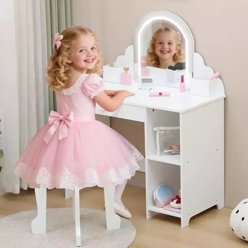 Coiffeuse pour enfants avec miroir, Table de maquillage de princesse avec tabouret, tiroir, étagères de rangement et compartiments, Coiffeuse en bois pour petites filles