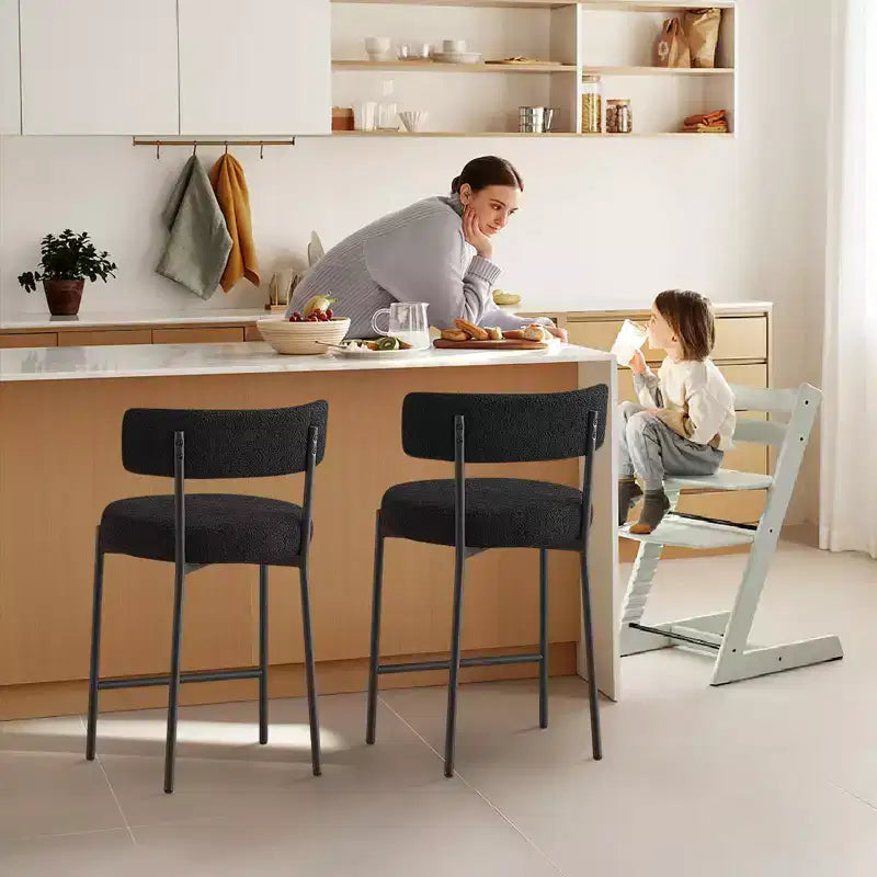 24 Modern Boucle Fabric Counter Height Stools, 2-Pack, Mid Back and Metal Frame for Kitchen Island, Dining Room