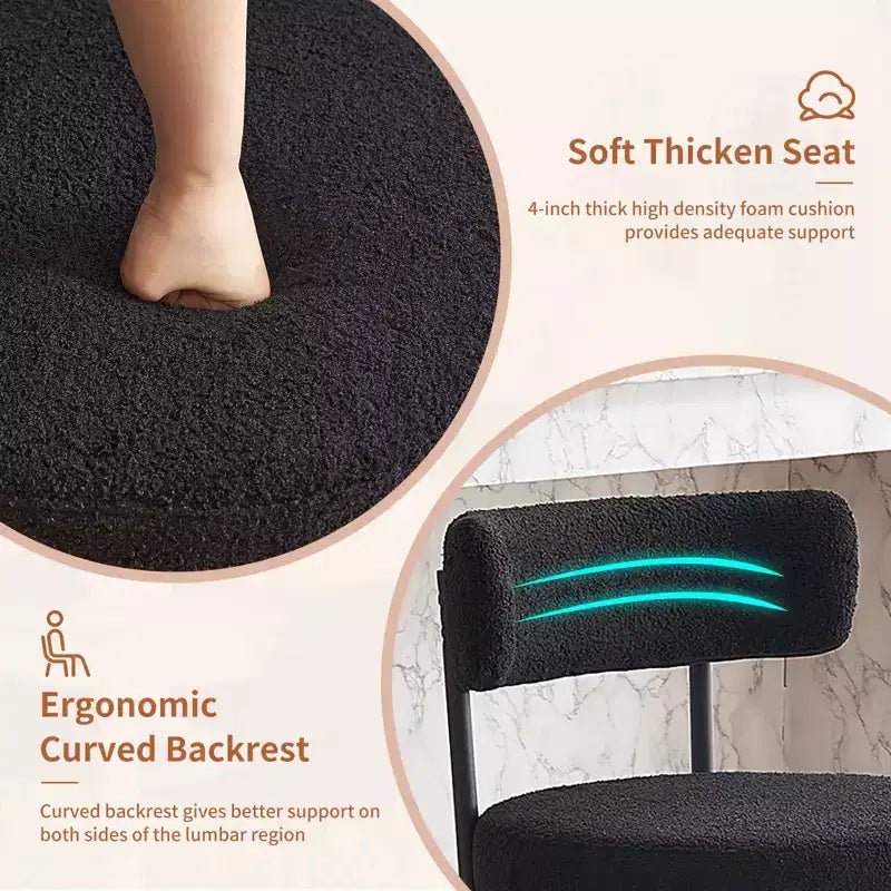 24 Modern Boucle Fabric Counter Height Stools, 2-Pack, Mid Back and Metal Frame for Kitchen Island, Dining Room