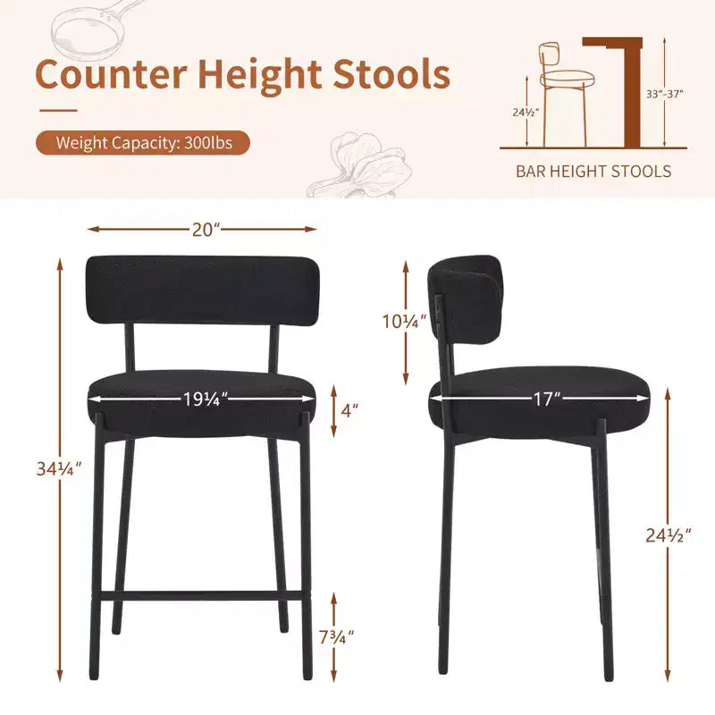 24 Modern Boucle Fabric Counter Height Stools, 2-Pack, Mid Back and Metal Frame for Kitchen Island, Dining Room