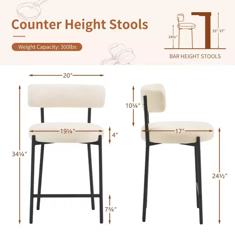 24 Modern Boucle Fabric Counter Height Stools, 2-Pack, Mid Back and Metal Frame for Kitchen Island, Dining Room