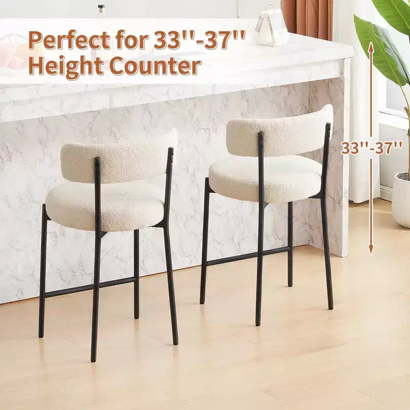 24 Modern Boucle Fabric Counter Height Stools, 2-Pack, Mid Back and Metal Frame for Kitchen Island, Dining Room