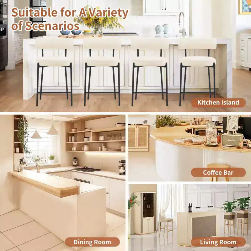 24 Modern Boucle Fabric Counter Height Stools, 2-Pack, Mid Back and Metal Frame for Kitchen Island, Dining Room