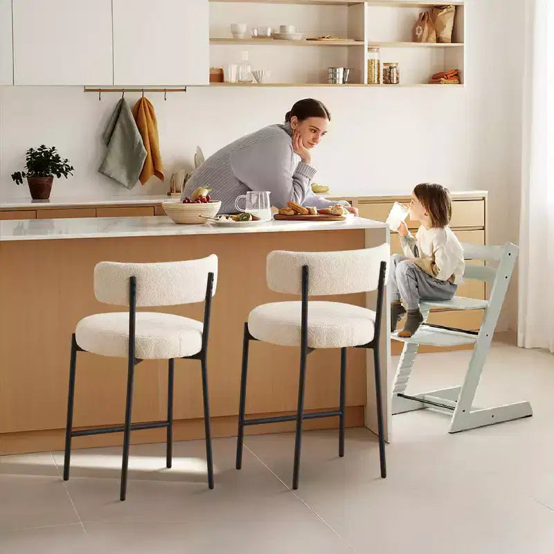 24 Modern Boucle Fabric Counter Height Stools, 2-Pack, Mid Back and Metal Frame for Kitchen Island, Dining Room