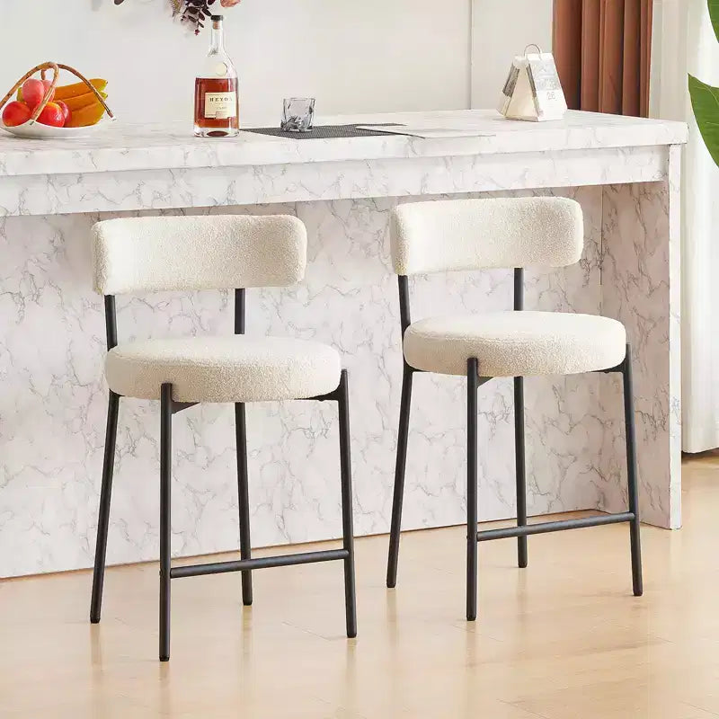 24 tabourets de comptoir en tissu bouclé moderne, lot de 2, dossier mi-hauteur et cadre en métal pour îlot de cuisine, salle à manger
