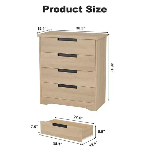 Commode moderne à 4 tiroirs avec poignées encastrées, meuble de rangement en bois pour chambre à coucher, salon, chambre d'enfant