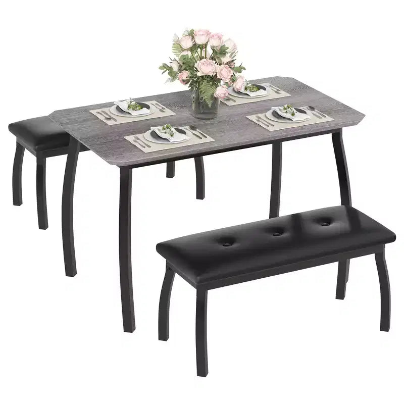 Bench-Style Dining Table with 2 Benches, 4-6 Person Dining Table and Chairs, Suitable for Kitchens, Apartments, and Studios