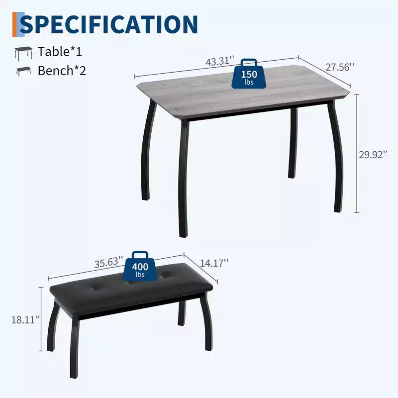 Bench-Style Dining Table with 2 Benches, 4-6 Person Dining Table and Chairs, Suitable for Kitchens, Apartments, and Studios