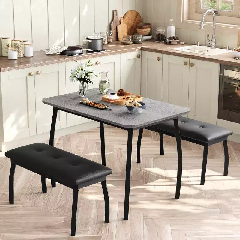 Bench-Style Dining Table with 2 Benches, 4-6 Person Dining Table and Chairs, Suitable for Kitchens, Apartments, and Studios