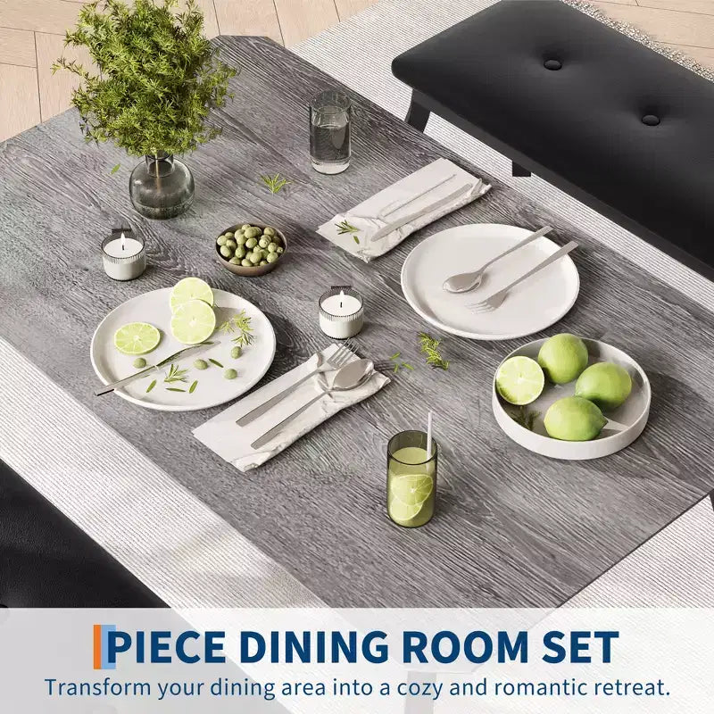 Bench-Style Dining Table with 2 Benches, 4-6 Person Dining Table and Chairs, Suitable for Kitchens, Apartments, and Studios