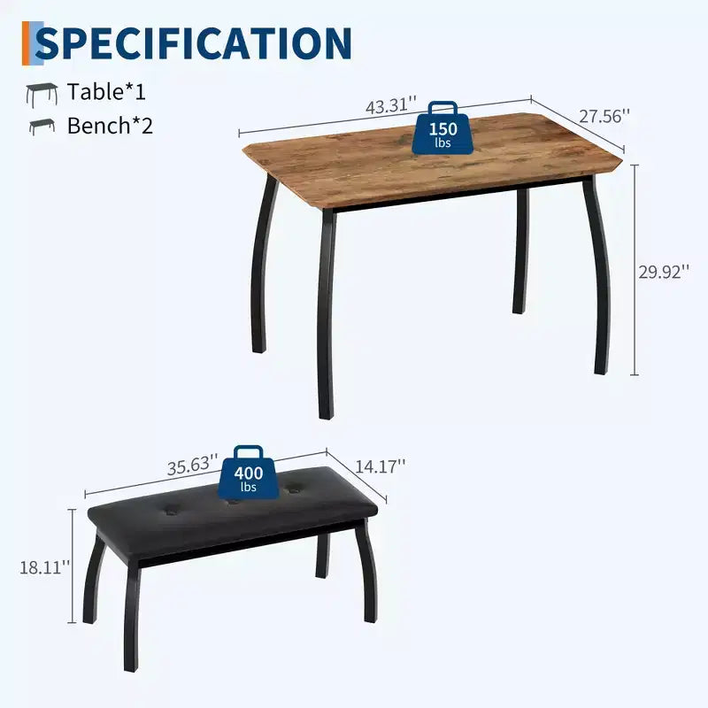 Bench-Style Dining Table with 2 Benches, 4-6 Person Dining Table and Chairs, Suitable for Kitchens, Apartments, and Studios