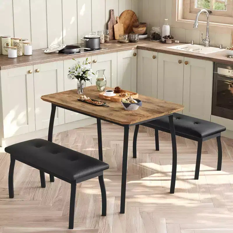 Bench-Style Dining Table with 2 Benches, 4-6 Person Dining Table and Chairs, Suitable for Kitchens, Apartments, and Studios