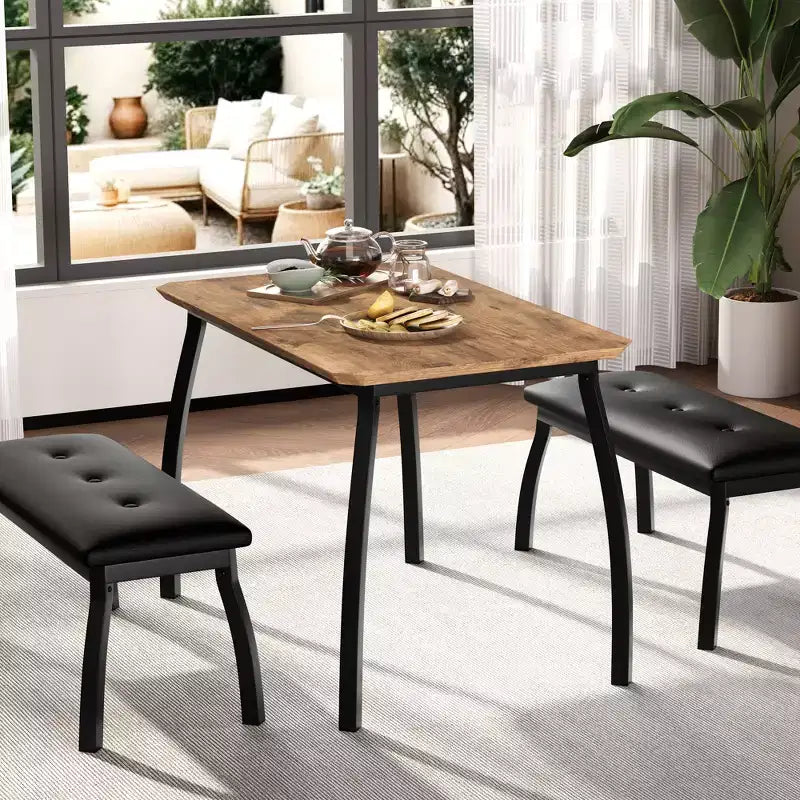 Bench-Style Dining Table with 2 Benches, 4-6 Person Dining Table and Chairs, Suitable for Kitchens, Apartments, and Studios