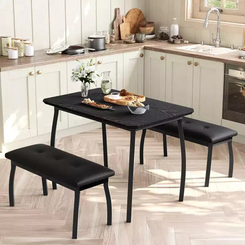Bench-Style Dining Table with 2 Benches, 4-6 Person Dining Table and Chairs, Suitable for Kitchens, Apartments, and Studios