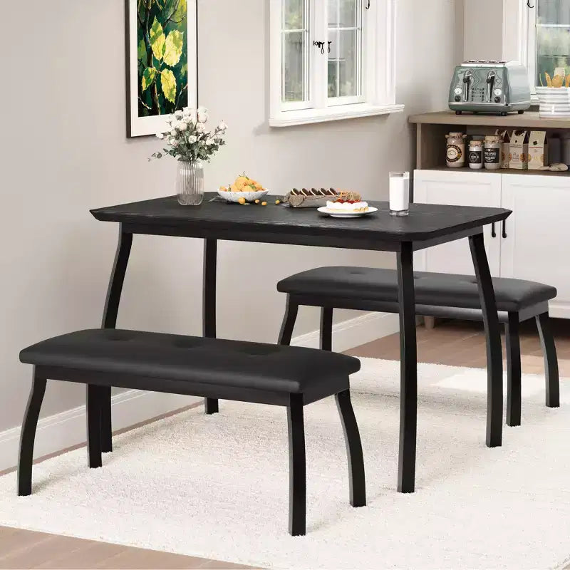 Bench-Style Dining Table with 2 Benches, 4-6 Person Dining Table and Chairs, Suitable for Kitchens, Apartments, and Studios