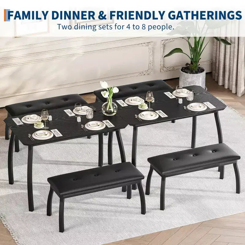 Bench-Style Dining Table with 2 Benches, 4-6 Person Dining Table and Chairs, Suitable for Kitchens, Apartments, and Studios