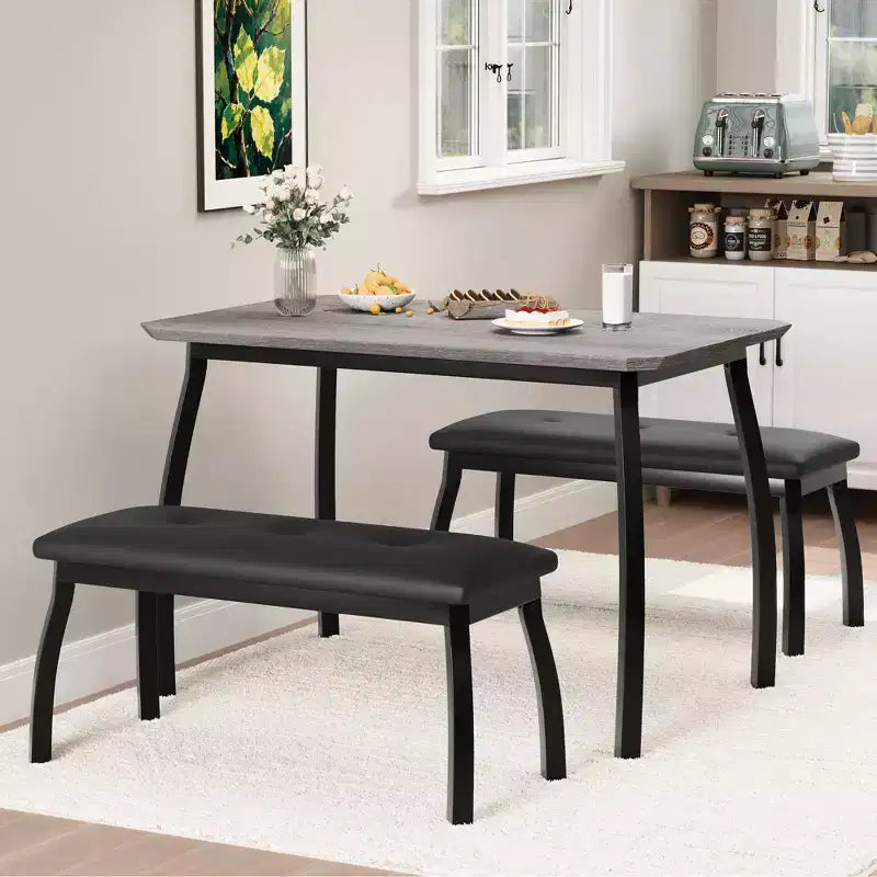 Table à manger style banc avec 2 bancs, Table et chaises pour 4 à 6 personnes, Convient aux cuisines, appartements et studios