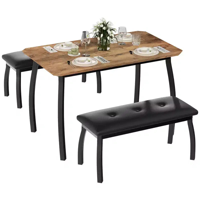 Table à manger style banc avec 2 bancs, Table et chaises pour 4 à 6 personnes, Convient aux cuisines, appartements et studios