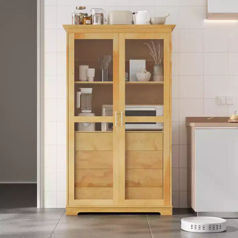44.7x20x75inch Kitchen Pantry, Freestanding Kitchen Storage Cabinet Display Cabinet with Glass Doors and 4 Built-in Drawers for Living Room