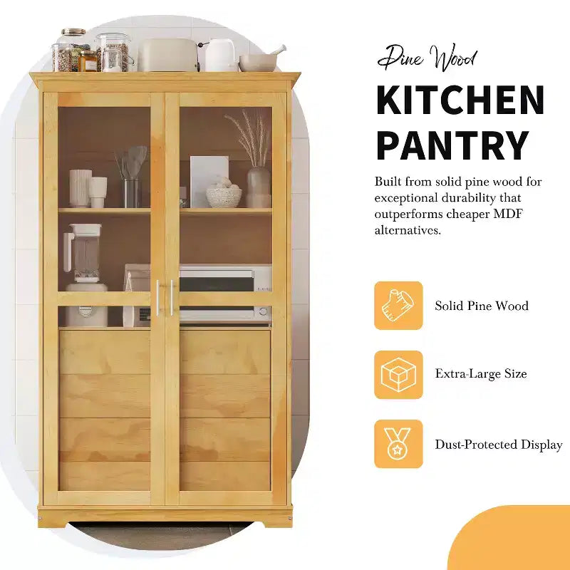44.7x20x75inch Kitchen Pantry, Freestanding Kitchen Storage Cabinet Display Cabinet with Glass Doors and 4 Built-in Drawers for Living Room