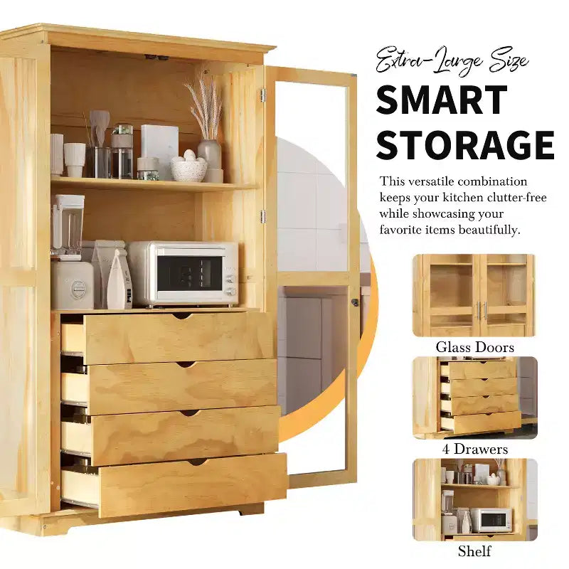 44.7x20x75inch Kitchen Pantry, Freestanding Kitchen Storage Cabinet Display Cabinet with Glass Doors and 4 Built-in Drawers for Living Room