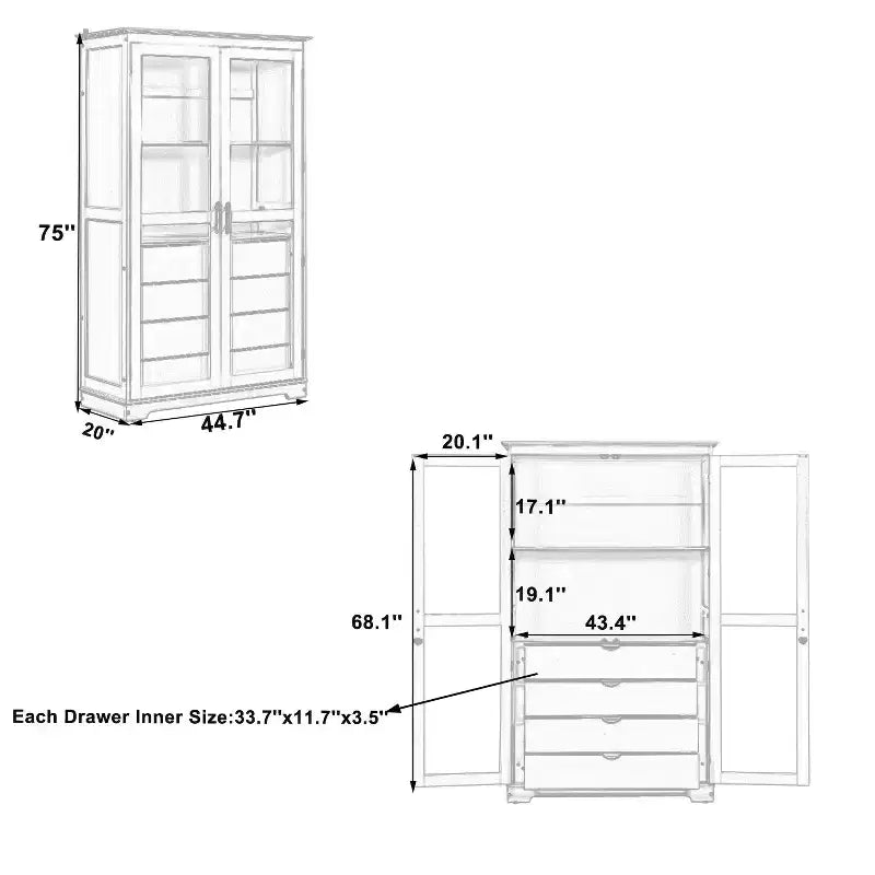 44.7x20x75inch Kitchen Pantry, Freestanding Kitchen Storage Cabinet Display Cabinet with Glass Doors and 4 Built-in Drawers for Living Room