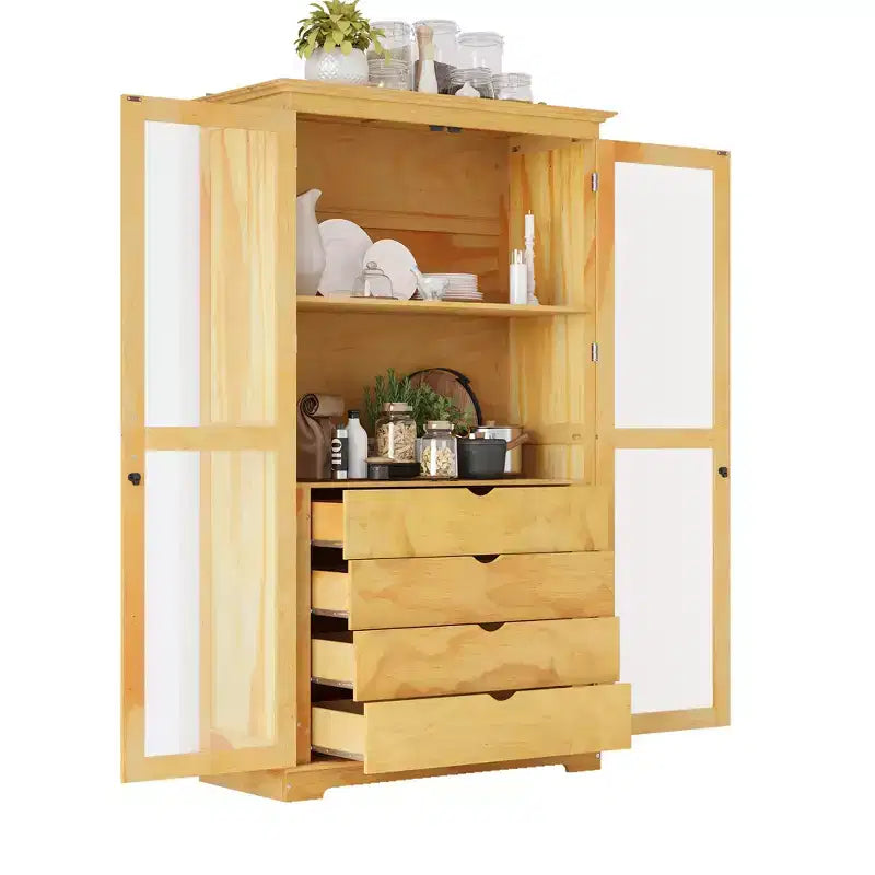 44.7x20x75inch Kitchen Pantry, Freestanding Kitchen Storage Cabinet Display Cabinet with Glass Doors and 4 Built-in Drawers for Living Room