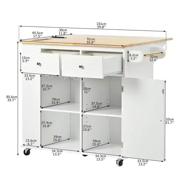 Îlot de cuisine de 101,1 cm (L) x 85,6 cm (H) avec rangement, abattant, casier à vin et rangement réglable, blanc