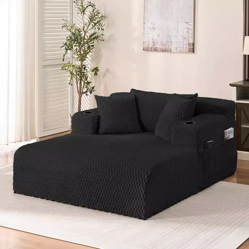 Chaise longue de 54 po, fauteuil simple en velours avec motif de tortue, fauteuil de lecture rembourré avec oreillers, porte-gobelets, poches latérales