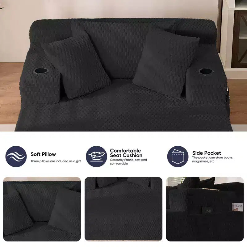 Chaise longue de 54 po, fauteuil simple en velours avec motif de tortue, fauteuil de lecture rembourré avec oreillers, porte-gobelets, poches latérales