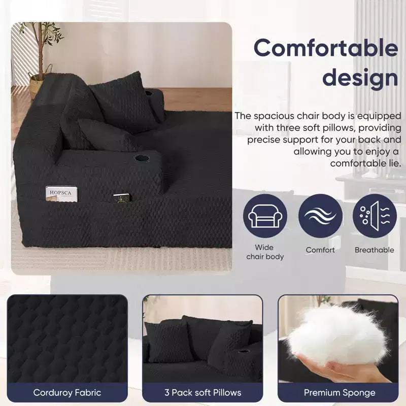 Chaise longue de 54 po, fauteuil simple en velours avec motif de tortue, fauteuil de lecture rembourré avec oreillers, porte-gobelets, poches latérales