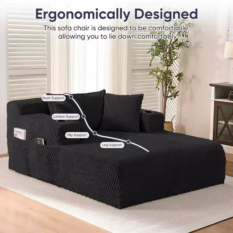 Chaise longue de 54 po, fauteuil simple en velours avec motif de tortue, fauteuil de lecture rembourré avec oreillers, porte-gobelets, poches latérales