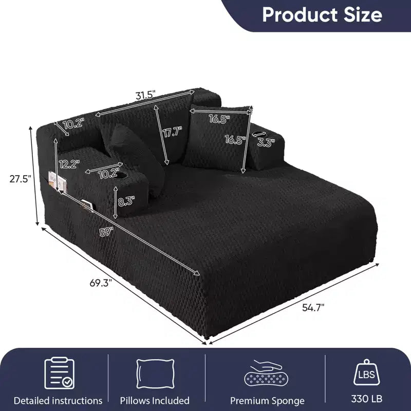Chaise longue de 54 po, fauteuil simple en velours avec motif de tortue, fauteuil de lecture rembourré avec oreillers, porte-gobelets, poches latérales