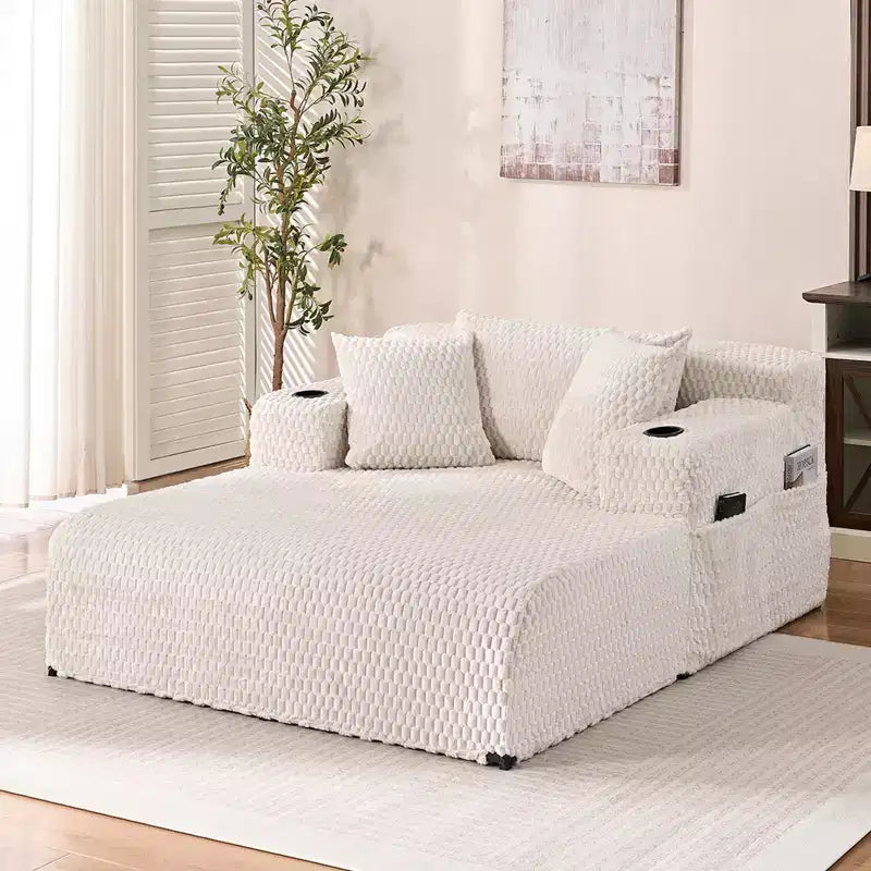 Chaise longue de 54 po, fauteuil simple en velours avec motif de tortue, fauteuil de lecture rembourré avec oreillers, porte-gobelets, poches latérales