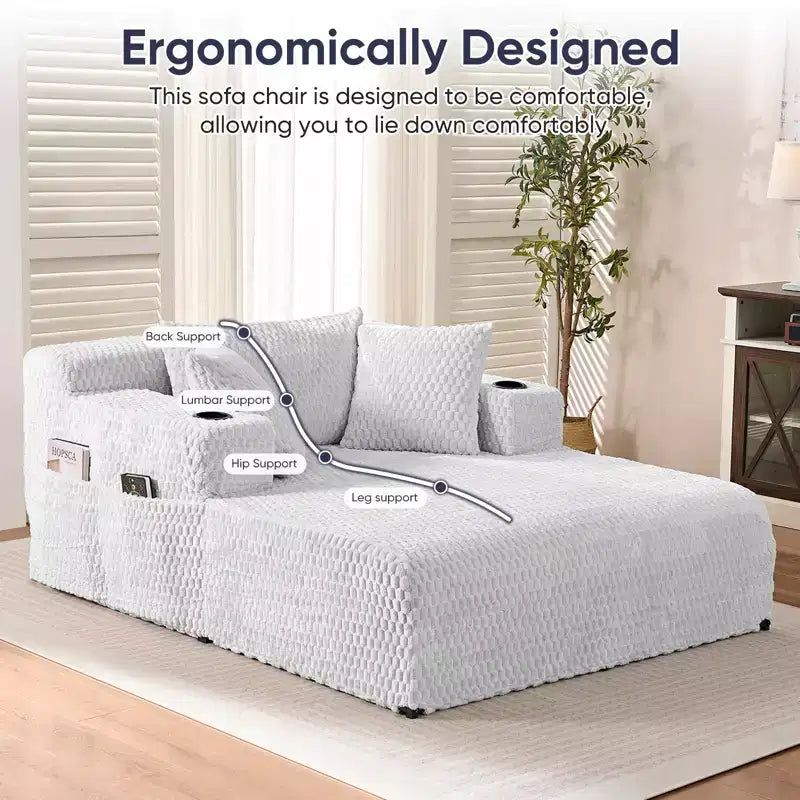 Chaise longue de 54 po, fauteuil simple en velours avec motif de tortue, fauteuil de lecture rembourré avec oreillers, porte-gobelets, poches latérales
