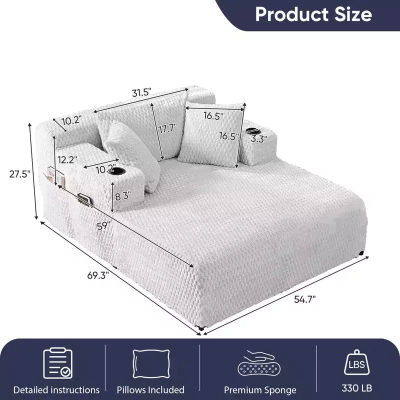Chaise longue de 54 po, fauteuil simple en velours avec motif de tortue, fauteuil de lecture rembourré avec oreillers, porte-gobelets, poches latérales