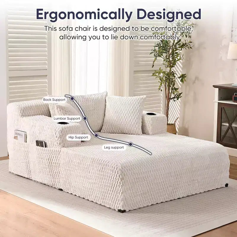 Chaise longue de 54 po, fauteuil simple en velours avec motif de tortue, fauteuil de lecture rembourré avec oreillers, porte-gobelets, poches latérales