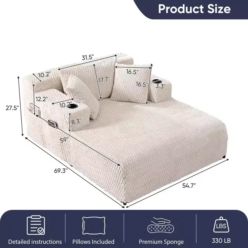 Chaise longue de 54 po, fauteuil simple en velours avec motif de tortue, fauteuil de lecture rembourré avec oreillers, porte-gobelets, poches latérales