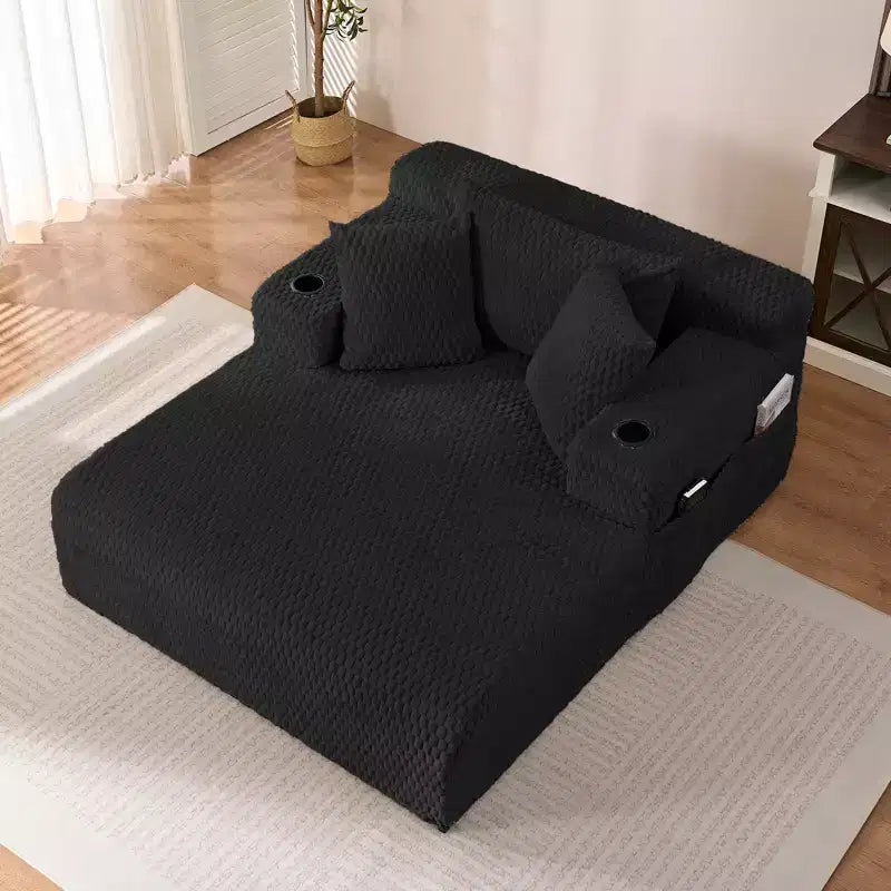 Chaise longue de 54 po, fauteuil simple en velours avec motif de tortue, fauteuil de lecture rembourré avec oreillers, porte-gobelets, poches latérales