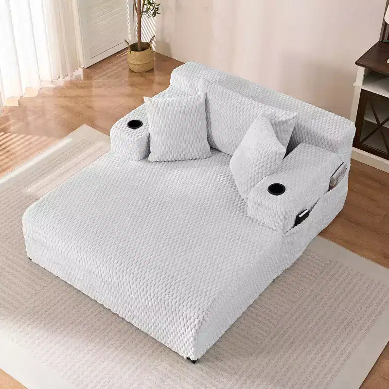 Chaise longue de 54 po, fauteuil simple en velours avec motif de tortue, fauteuil de lecture rembourré avec oreillers, porte-gobelets, poches latérales