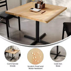 Square Solid Wood Commercial Indoor Tabletop with 30 x 30 Dining Height Rust-Resistant Cast Iron X-Base