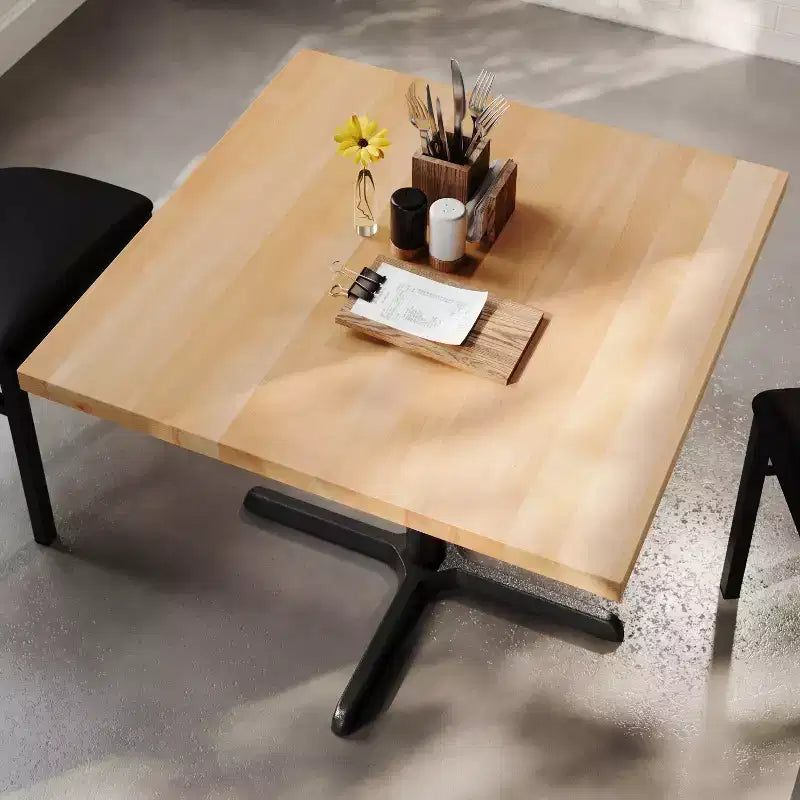 Square Solid Wood Commercial Indoor Tabletop with 30 x 30 Dining Height Rust-Resistant Cast Iron X-Base