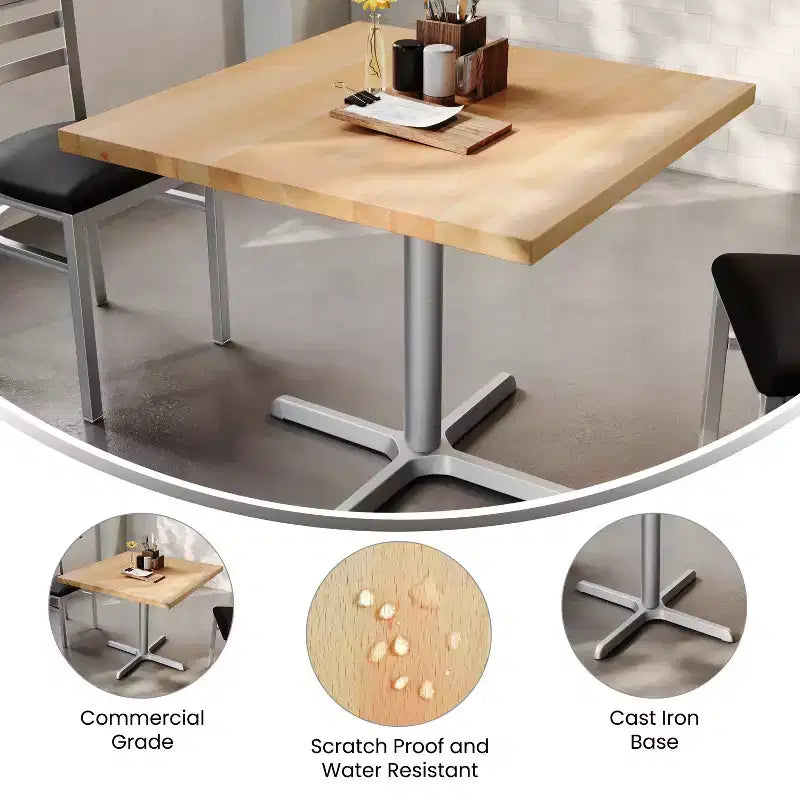 Square Solid Wood Commercial Indoor Tabletop with 30 x 30 Dining Height Rust-Resistant Cast Iron X-Base