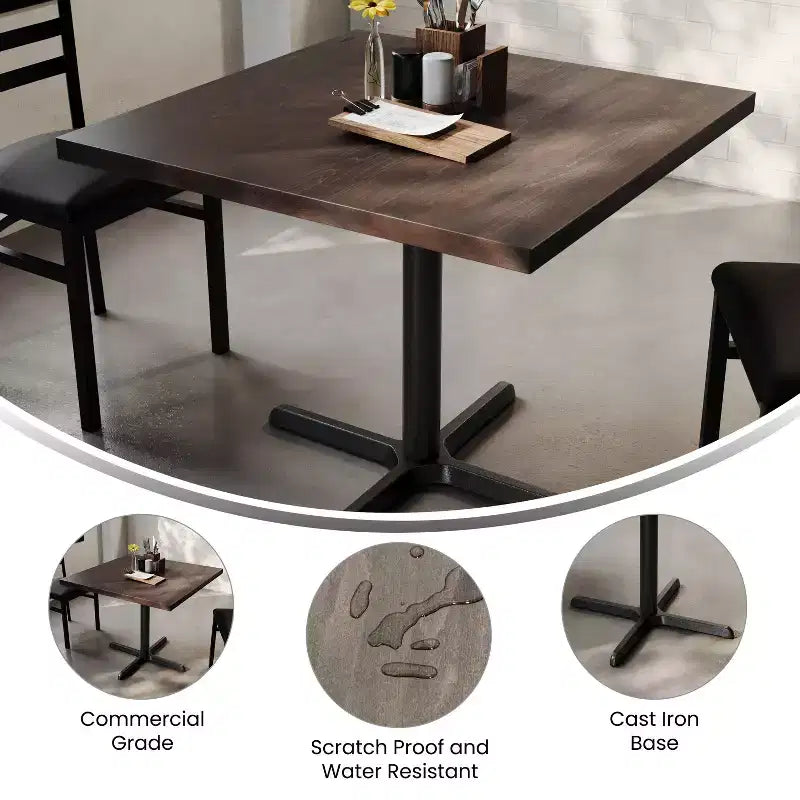 Square Solid Wood Commercial Indoor Tabletop with 30 x 30 Dining Height Rust-Resistant Cast Iron X-Base