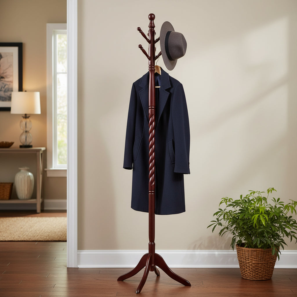 Okak 71.5IN Freestanding Hall Tree with Wooden Stand, Elegent Coat Rack with 6 Hooks, Coat Tree for Living Room, Bedroom, Entryway, Cherry